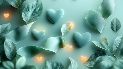 Wall Mural - a pastel background showing floating green ribbons, glowing abstract leaves and minimal hearts repre