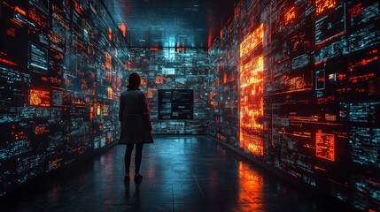 Wall Mural - woman observing digital data streams in a futuristic room; data visualization concept