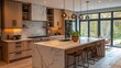© KASUEMA SALAE - A contemporary kitchen with a stylish marble countertop, under-cabinet lighting, and a mix of modern and rustic decor elements, creating a warm and inviting space