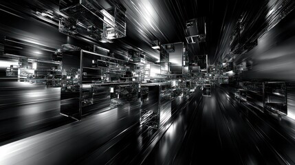 Wall Mural - abstract digital tunnel, cubes flying, technology background, website banner