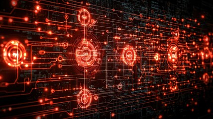Wall Mural - red glowing circuit board, data flow, digital network, technology background, website header