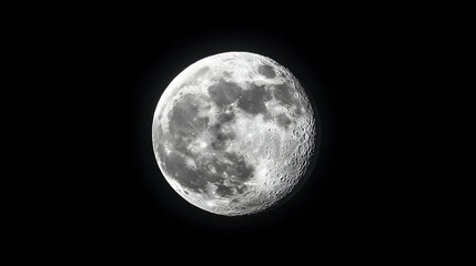 Wall Mural - Detailed lunar surface illuminated in night sky with craters shadows and textured silver orb against a black background