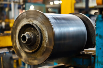 Fototapete - Close-up of large metal industrial roller in manufacturing setting Generative AI