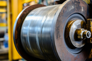 Fototapete - Close-up view of a large metal industrial roller in use Generative AI