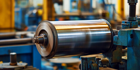 Fototapete - Close-up view of a large metal industrial roller in action Generative AI