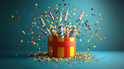 Exploding gift box with confetti and party poppers; celebration background; festive event image