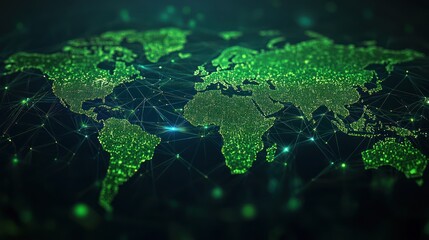 Global network connection, green world map, digital technology, data flow, background