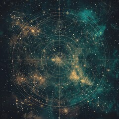 intricate celestial map with constellations and star charts glowing over a cosmic nebula, blending s