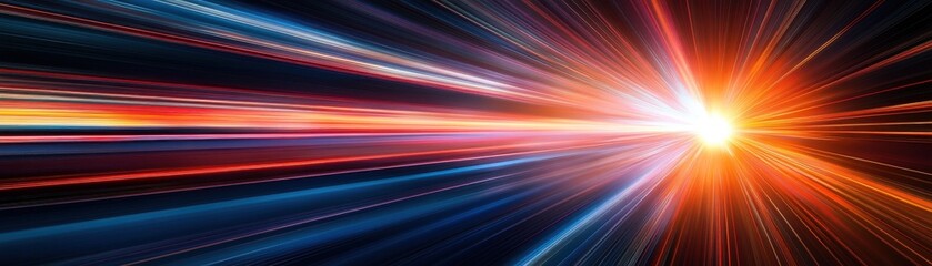 Poster - Abstract Light Streaks in High Speed Tunnel of Blue Orange and Red Color Gradients with a Central Burst of Light Great for Digital Art and Backgrounds