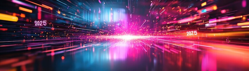 Poster - Abstract Motion Background with Glowing Light Streaks in Blue Magenta And Gold Tones Represents High Speed Data Transfer Communication And Futuristic Technology Concept