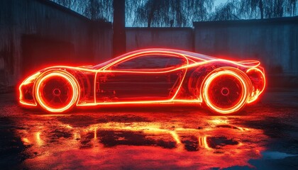 Poster - Abstract Red Glowing Sport Car with Neon Lights Reflecting on Pavement Creating a Futuristic Design