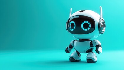 Poster - Adorable White Robot Character with Glowing Blue Eyes on Teal Background a Futuristic and Minimalist Design with Smooth Shading and Clean Lines