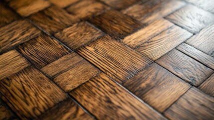 Poster - Close Up of Dark Brown Wooden Parquet Flooring with Herringbone Pattern Highlighting the Rich Grain and Polished Surface Creating a Warm Rustic Interior Design Element