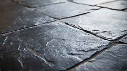 Poster - Close Up of Dark Gray Slate Stone Tile Flooring Texture with Subtle Lighting and Natural Patterns for Architectural and Interior Design Applications