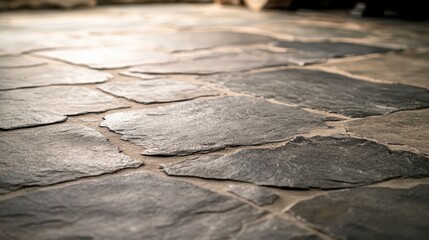 Poster - Detailed Gray Stone Floor Texture with Natural Pattern and Rough Surface in Dim Lighting