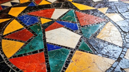 Fototapete - Detailed Multi Colored Mosaic Pattern Featuring Geometric Shapes Including Triangles Squares and Other Various Shapes with Vibrant Colors and Textured Surface