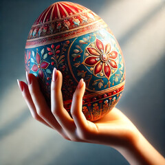 Poster - Intricate hand-painted egg held delicately under soft light showcasing vibrant floral designs