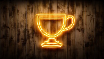 Poster - Glowing Neon Cup Sign on Dark Brown Wooden Wall in Rustic Style Cafe Interior with Warm Light