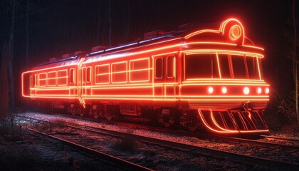 Poster - Neon Lit Train at Night with Reflection of City Lights on the Wet Ground Creating a Vibrant Urban Atmosphere