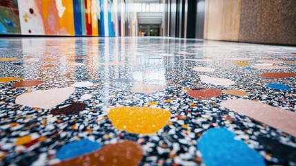 Poster - Polished Terrazzo Floor with Colorful Geometric Pattern In A Modern Building With Natural Lighting Showing Texture Design And Seamless Tile