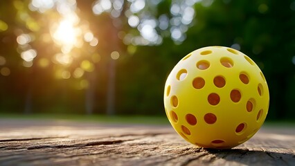 a bright yellow wiffle ball resting on a wooden surface, with sunlight filtering through trees in th