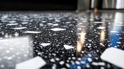 Poster - Abstract Black and White Speckled Tile Floor Surface Close Up with Polished and Glossy Texture for Interior Design and Decoration