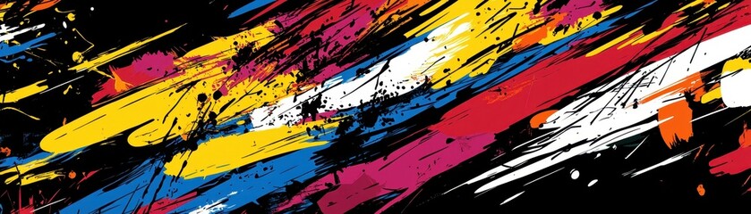 Poster - Abstract Black Background with Vivid Diagonal Paintstrokes Featuring Red Yellow Blue and White Accents A Modern Graphic Design Perfect for Digital Wallpaper or Creative Presentation Backdrop