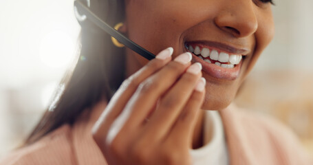 Poster - Customer service, headset and mouth of woman at work in call center as virtual assistant for help. Communication, contact us and smile of happy employee in office for consulting or support closeup