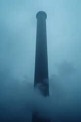 Wall Mural - tall, industrial chimney surrounded by fog and mist, with dramatic lighting highlighting its height and power