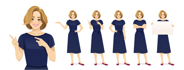 Beautiful business blond woman wearing formal outfit in different poses set. Various gestures pointing, showing, standing, holding empty blank board. Isolated vector illustration