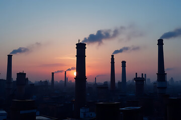Wall Mural - chimneyscape of several chimneys in a cityscape, captured during dusk, with soft light and shadows adding depth 