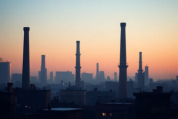 Wall Mural - chimneyscape of several chimneys in a cityscape, captured during dusk, with soft light and shadows adding depth 