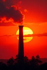 Wall Mural - An abstract artistic shot of a chimney silhouette against a fiery red and orange sunset, creating a striking visual with vibrant colors 