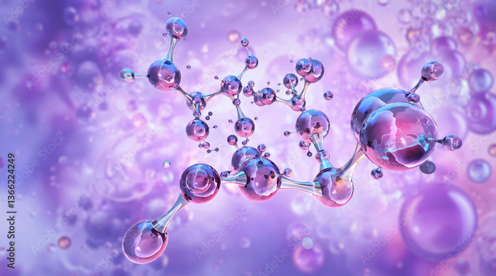 Hyaluronic acid molecules, 3D molecular chemical structure. Hydration ...