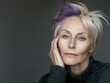 © Moriarty - A confident and elegant woman with white hair and violet highlights, reflecting empowerment, mature fashion, and timeless beauty. Her radiant expression and modern style are ideal for fashion, wellnes