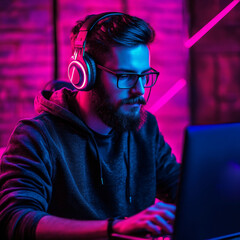 IT Specialist working or gaming on laptop on neon background