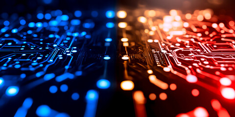 Wall Mural - abstract circuit board with contrasting blue and orange glowing lights electronic network system tec
