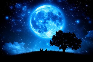 An illuminated blue moon shines with stars over silhouetted nature scenes