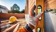 © Stefan - Close-up of a construction worker’s hand adjusting a level on a newly installed wall, ensuring perfect alignment. The image highlights the precision and attention to detail required in construction.