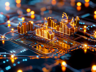 Wall Mural - illuminated miniature city on circuit board with orange glowing buildings and bokeh lights against a