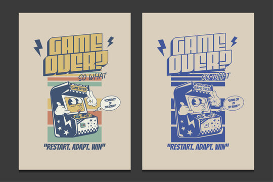 retro poster with arcade machine cartoon and motivational gaming quote, vector illustration