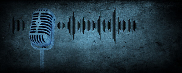 Professional studio microphone recording voice with audio waveform signal, dark blue background, recording studio, broadcasting or podcasting banner with copy space