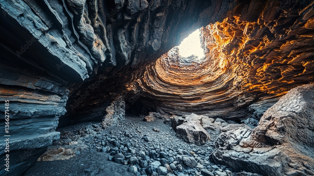 Cool picture of layered rocks in a cave on Lanzarote Island. It shows ...