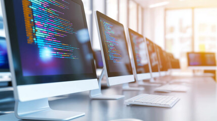 A close-up of a computer screen displaying lines of code, with multiple monitors and workstations in a well-lit office environment.