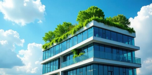 modern office building with lush greenery on the rooftop surrounded by blue sky and fluffy white clo