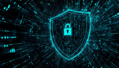  Cyber security and data protection concept, A digital shield with an outline of a lock icon, surrounded by blue and green binary code against a black background