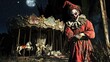 © Iris’s Dreamscapes - Creepy clown standing by abandoned carousel under full moon - eerie nighttime horror scene