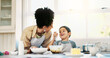 © peopleimages.com - Mixing, mom and son in kitchen, baking and teaching child with ingredients, dessert or conversation. Bonding, kid and woman with recipe for cake, talking and preparation for snack in morning or house