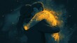 © Anastasiia - An artistic interpretation of two people embracing, with glowing golden light emanating from one figure against a dark background, creating a dreamlike atmosphere.. AI Generation