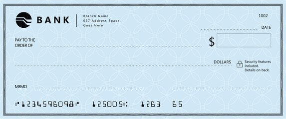 Wall Mural - blue bank check, vector blank money cheque, checkbook template with guilloche pattern and fields. cu